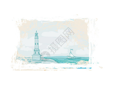 海塔从一个小海滩上看见的灯塔旅行海岸线海洋天空涂鸦石头波浪海岸导航卡片设计图片