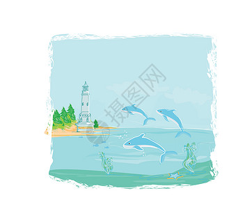 小鲸鱼分割线从一个小海滩上看见的灯塔岩石旅行导航石头天空涂鸦港口光束日落航行设计图片