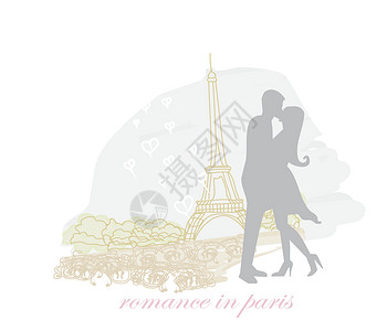 罾在巴黎的浪漫情侣亲吻埃菲尔铁铁回流卡拥抱热情女性夫妻场景女士日落情怀男人文化设计图片