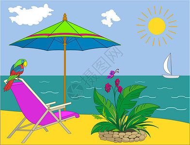 阳伞躺椅风景 海岸异国环境蓝色假期躺椅天气动物鹦鹉植物情调设计图片