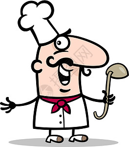 配有卷轴漫画插图的厨师或厨师微笑食物白色帽子钢包餐厅男人快乐职业工作背景图片