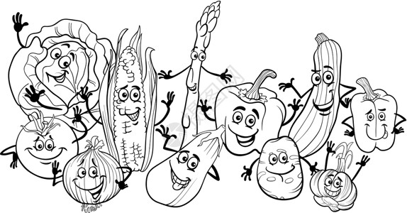 茄子洋葱用于彩色书籍的快乐蔬菜漫画设计图片