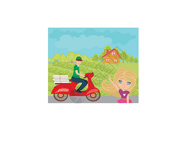 意大利人阿尔弗雷多骑摩托车送比萨饼的人花朵商业餐厅骑术盒子孩子香肠速度送货微笑设计图片