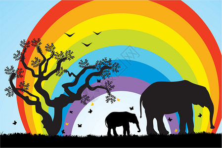 带妈妈旅游树 大象和彩虹设计图片