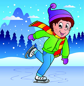 戴围巾男孩与滑冰男孩一起的冬季场景设计图片