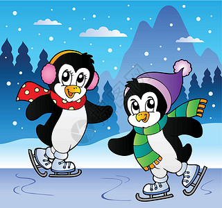 滑冰的企鹅与滑冰企鹅一起的冬季场景设计图片