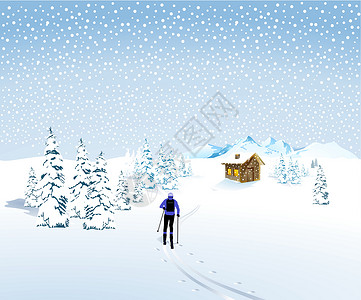 阿尔卑斯滑雪冬季风景 有滑雪机和山棚设计图片