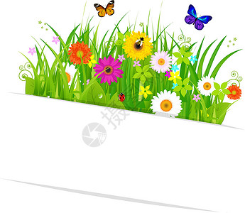 格仔蝴蝶与草花和鲜花粘纸设计图片