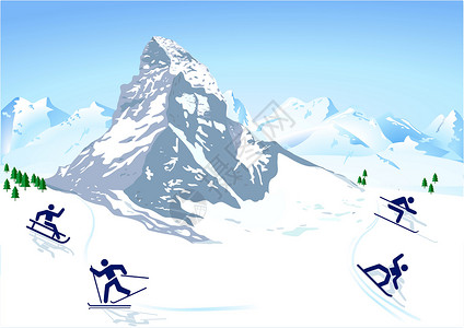 雪朗峰山山冬季运动越野滑雪板单板激流滑雪者节日回旋雪橇滑雪假期设计图片