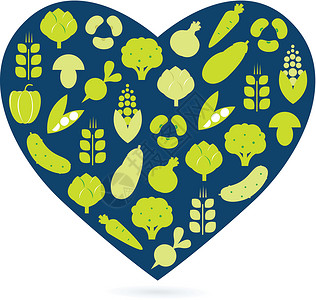 西兰花元素健康食物心脏孤立在白色(蓝色和绿色)上设计图片
