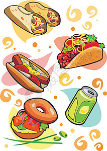 香煎三文鱼美味点心小吃午餐食欲盘子面包热狗蔬菜香肠菜单可乐设计图片