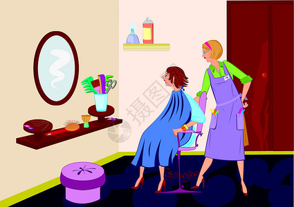 六十年代末美容院黑发 剪头发后照镜子设计图片