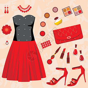 背红色包的女人时装集化妆品离合器时装指甲油香水衣服高跟鞋裙子插图耳环设计图片