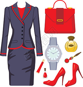 红色的衣服女装 饰物和化妆品的时装女士夹克灰色指甲油红色女性套装高跟鞋插图手表设计图片