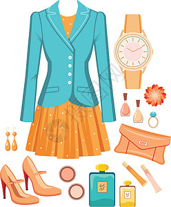 欧美时尚大片时装集女士收藏插图女性高跟鞋指甲油香水橙子离合器耳环设计图片