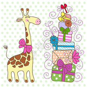很多的礼物可爱的吉拉菲 有很多礼物孩子庆典问候语盒子生日邀请函婴儿蓝色动物乐趣设计图片