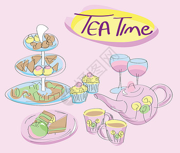 茶甜点沙袋 杯子和茶壶     茶时间概念设计图片