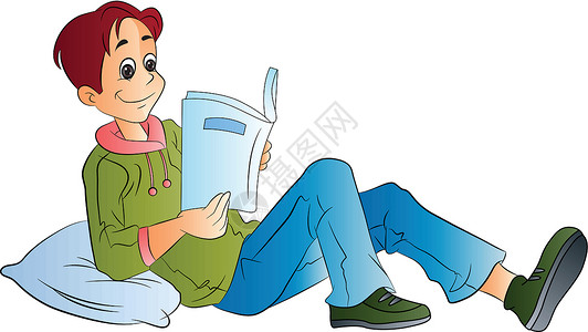 地上书男人读一本书插画家庭作业阅读绘画孩子们学校教育微笑白色乐趣男生设计图片