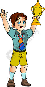 胜利凯哥男孩拿着奖杯 插图冠军价值孩子男生胜利运动员玩家勋章球员男性设计图片
