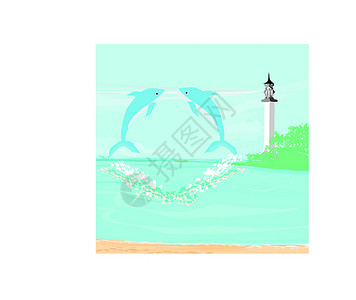 海滨小素材从一个小海滩和海豚看到灯塔植物群太阳假期热带蓝色旅行日落海浪椰子棕榈设计图片