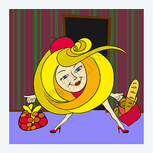 面包包家庭主妇正方形金发女郎草图顾客水果面包冒充购物者头发女孩设计图片