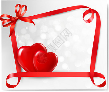 红包优惠券彩带具有两个红心和礼弓与彩带的情人夜背景横幅笔记生日惊喜风格卡片星星季节金子优惠券设计图片