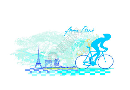 三人骑巴黎骑自行车     格隆招贴画幸福男生平衡快乐旅游踏板女儿童年青年训练设计图片