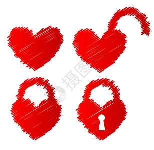 牢不可破心形锁圆形代码挂锁软垫钥匙金属黄铜红色安全反射设计图片