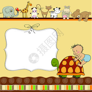 玩玩具的婴儿与小男孩一起的新婴儿宣布卡设计图片