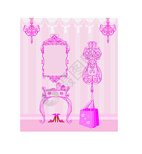 老式红镜子优雅风格的更衣室化妆品女性梳妆台枝形礼物家具吊灯女士购物粉色设计图片