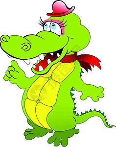 红色衣服的鳄鱼带红色帽子的有趣的绿色漫画鳄鱼 矢量插图设计图片