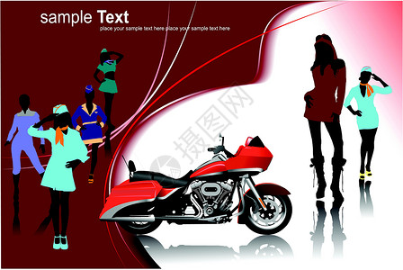 女士摩托车女孩背景和摩托车图象 矢量插图设计图片