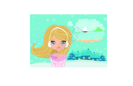 雪梦女孩梦想着夏天卡通片金发绘画气泡发型女性蓝色气候海滩记忆设计图片
