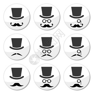 宽檐花形礼帽印有帽子和眼镜图标的胡子或胡子派对晶须漩涡圆柱英语卡通片男人奇装异服理发师男性设计图片
