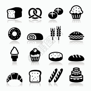 早餐图面包店 糕点图标集面包 甜甜圈 蛋糕 纸杯蛋糕烤箱美食插图面粉甜点早餐脆皮小麦酒吧营养设计图片