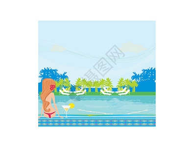威马汽车泳池旁的女青年日光浴旅馆场景蓝色娱乐水池绿洲日光酒店热带孤独设计图片