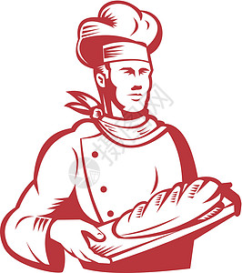 拿着面包厨师餐食面包师 手持面团面包插图男性托盘帽子工人男人木刻设计图片