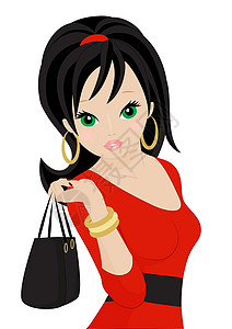 背红色包的女孩美丽的女孩耳环女士衣服购物红色黑发卡通片头发优美裙子设计图片