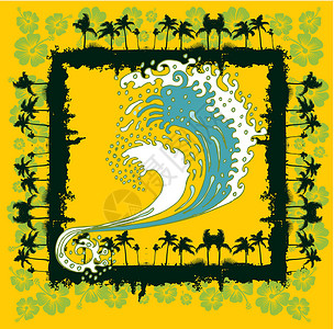 海天堂构热带棕榈海滨的热带树叶艺术蓝色风景旅行晴天椰子海岸支撑天堂海景海浪设计图片