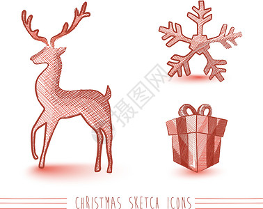 圣诞装饰元素圣诞快乐红草图风格元素 设置了EPS10文件设计艺术插图驯鹿卡片织物礼物作品展示贺卡设计图片