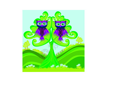 坐在树上坐在绿树上的猫头鹰夫妇设计图片