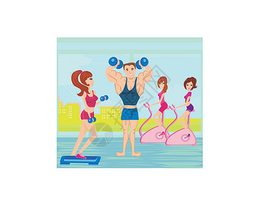 女孩锻炼哑铃一群人在健身房里锻炼力量活动练习卡通片娱乐重量男人哑铃城市插图设计图片