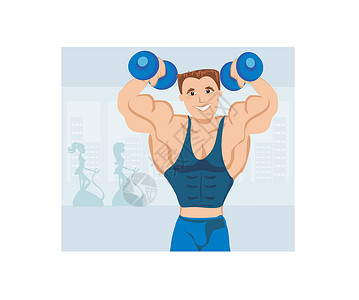 健壮单人运动健壮的男子在健身房锻炼杠铃练习哑铃力量卡通片自行车女士插图活动运动装设计图片