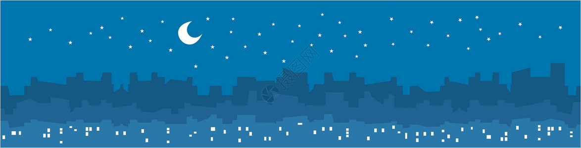 丙中洛镇城市以夜间向量图显示 有摩天大楼和建筑物的光影 窗户中的灯光 星星和月亮设计图片
