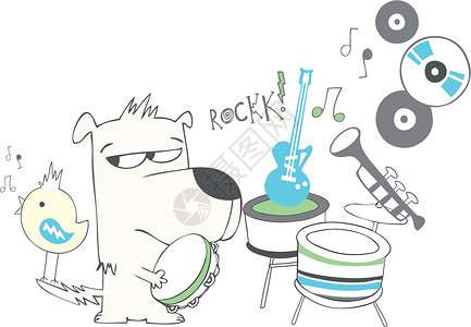 爱吉他的素材小狗摇滚乐团宠物青少年乐器演员生活猫科金属友谊乐趣犬类设计图片