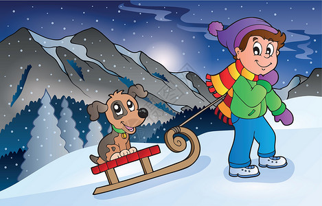 滑雪的男孩冬天 带着狗的男孩在雪橇上设计图片