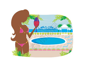 游泳池的女孩女孩在热带游泳池饮酒设计图片