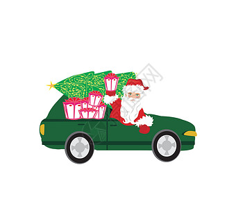 车辆年审圣诞老人用圣诞礼物驾驶汽车的插图老人展示购物乐趣戏服季节节日车辆胡须条款设计图片