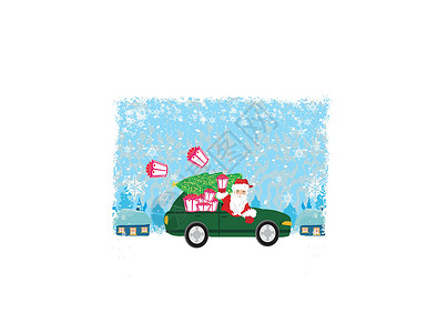 圣诞老人车圣诞老人带圣诞礼物驾驶汽车的简记卡片设计图片