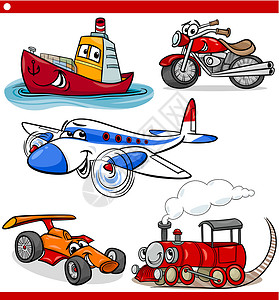 玩具船可笑的漫画汽车和汽车蒸汽菜刀衬垫绘画玩具运输铁路自行车引擎摩托车设计图片